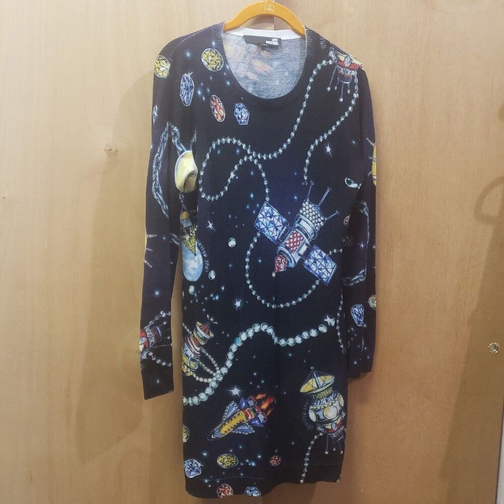 Love Moschino soft knit Black Galaxy Space Print mini dress ❤Sz 8 RARE PRINT #AA